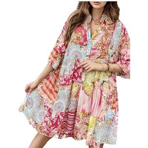 Women's Babydoll Mini Dress Boho Floral 3/4 Bell Sleeve Dress Small